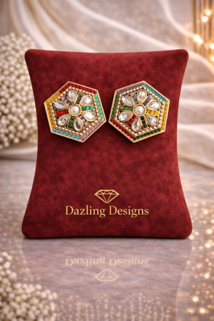 Geometric Rainbow Bloom Hexagon Studs