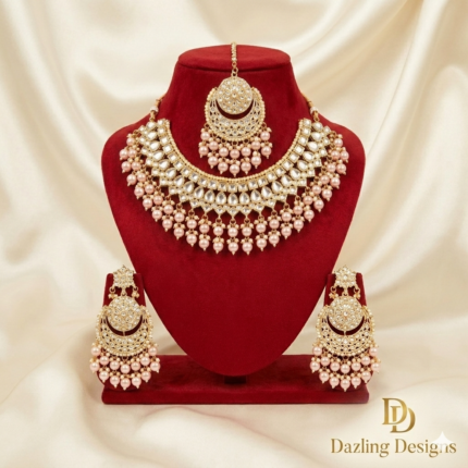 Emerald pink Kundan Crescent Set